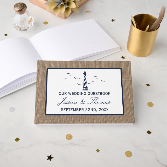The Nautical Lighthouse Burlap Wedding Collection Guest Book (Front Open)