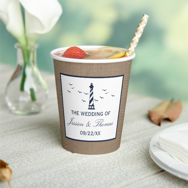 The Nautical Lighthouse Burlap Wedding Collection Paper Cups (Insitu)
