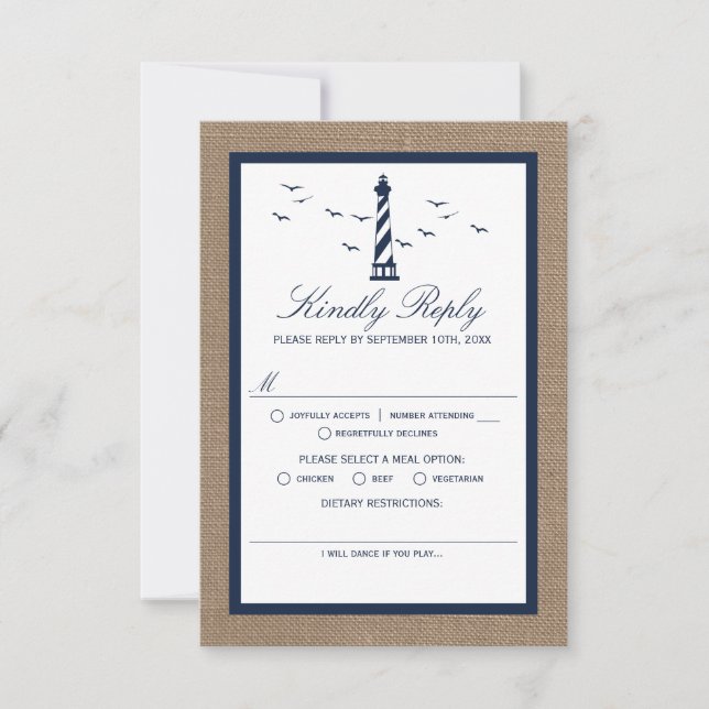 The Nautical Lighthouse Burlap Wedding Collection RSVP Card (Front)