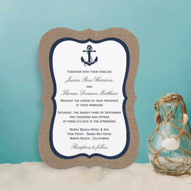 The Navy Anchor On Burlap Beach Wedding Collection Invitation (Creator Uploaded)