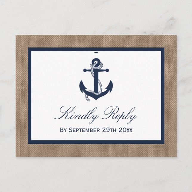 The Navy Anchor On Burlap Beach Wedding Collection Invitation Postcard (Front)