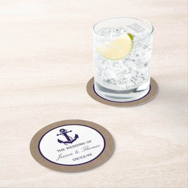 The Navy Anchor On Burlap Beach Wedding Collection Round Paper Coaster (Insitu)