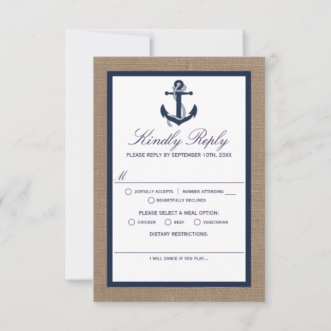 The Navy Anchor On Burlap Beach Wedding Collection RSVP Card (Front)