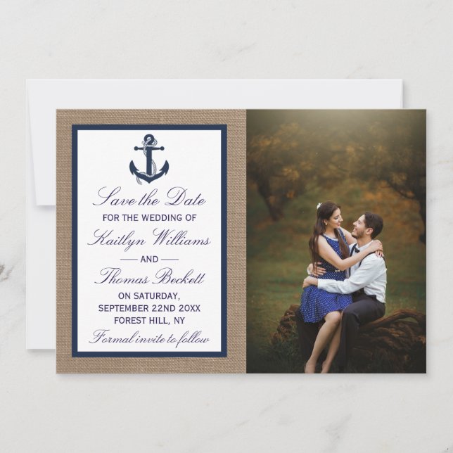 The Navy Anchor On Burlap Beach Wedding Collection Save The Date (Front)