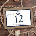 The Navy Anchor On Burlap Beach Wedding Collection Table Number<br><div class="desc">The navy anchor on burlap beach wedding collection is perfect for any couple planning a romantic marriage by the sea. The rustic burlap effect background gives these invitations a boho-chic feel, while the nautical navy blue colour can be used throughout your whole wedding. The nautical ship's anchor is the perfect...</div>