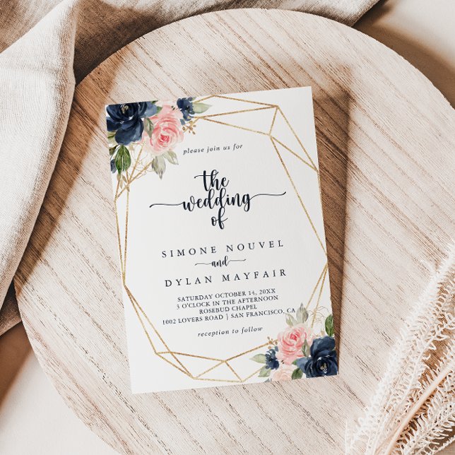 The Navy Blush Floral Gold Geometric Wedding Invitation (Creator Uploaded)