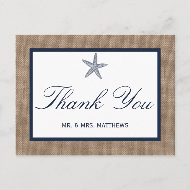The Navy Starfish Burlap Beach Wedding Collection Postcard (Front)