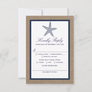 The Navy Starfish Burlap Beach Wedding Collection RSVP Card