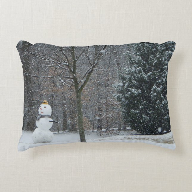 The Neighbour's Snowman Winter Snow Scene Decorative Cushion (Front)