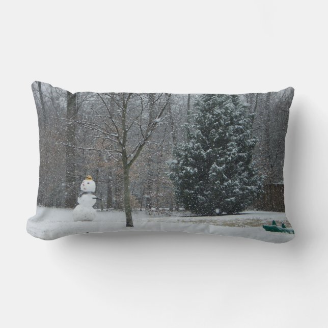 The Neighbour's Snowman Winter Snow Scene Lumbar Cushion (Front)