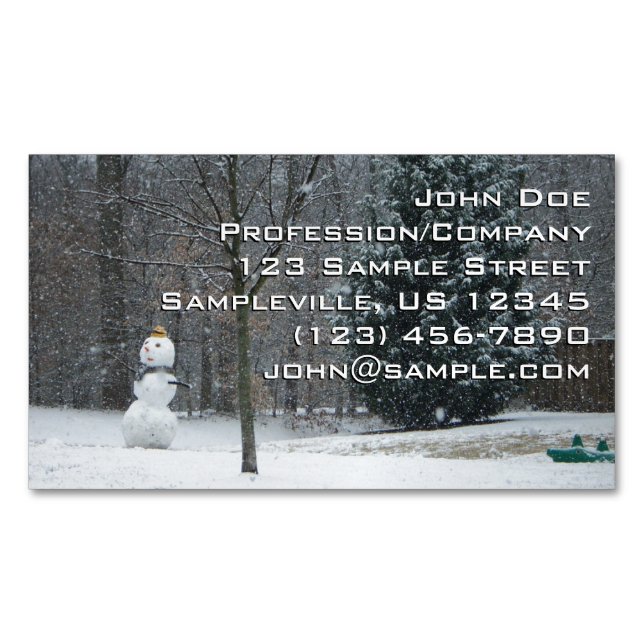 The Neighbour's Snowman Winter Snow Scene Magnetic Business Card (Front)