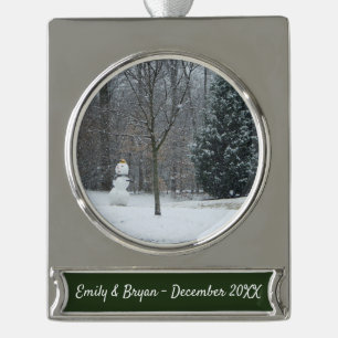 The Neighbour's Snowman Winter Snow Scene Silver Plated Banner Ornament