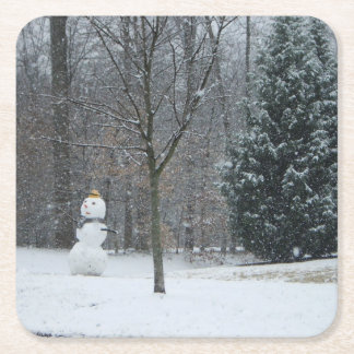 The Neighbour's Snowman Winter Snow Scene Square Paper Coaster