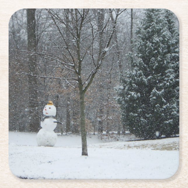 The Neighbour's Snowman Winter Snow Scene Square Paper Coaster (Front)