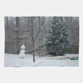 The Neighbour's Snowman Winter Snow Scene Tea Towel