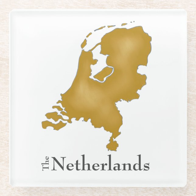 The Netherlands Map in Gold Watercolor Glass Coaster (Front)