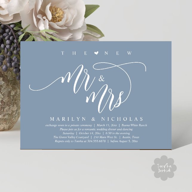 The New Mr and Mrs, Modern Wedding Dinner Party Invitation (The New Mr and Mrs, Modern Romantic Wedding Dinner Party Invites Minimalist Card PDF in Dusty Blue)