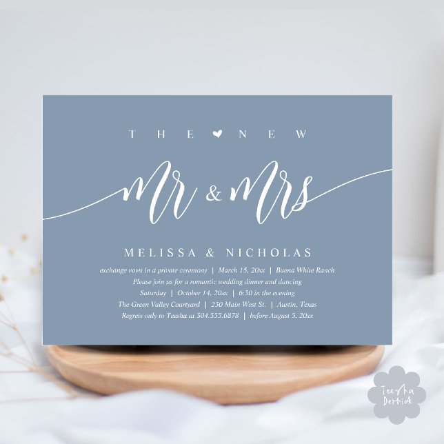 The New Mr and Mrs, Modern Wedding Dinner Party Invitation (The New Mr and Mrs, Modern Romantic Wedding Dinner Party Invites Minimalist Card PDF in Dusty Blue)