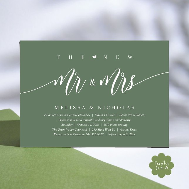 The New Mr and Mrs, Modern Wedding Dinner Party Invitation (The New Mr and Mrs, Modern Romantic Wedding Dinner Party Invites Minimalist Card PDF in Sage Green)