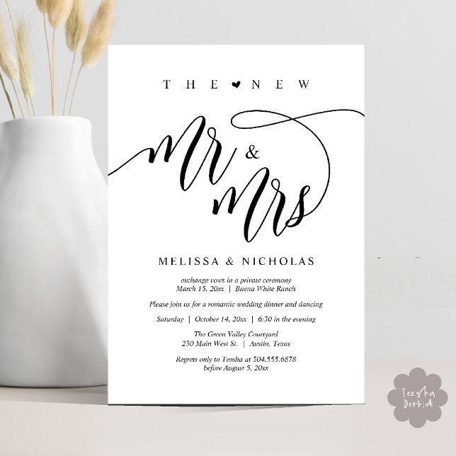 The New Mr and Mrs Modern Wedding Party Dinner Invitation (The New Mr and Mrs, Modern Romantic Wedding Dinner Party Invites Minimalist Card PDF in Black White)