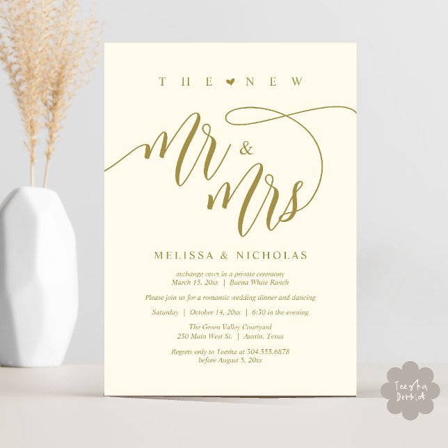 The New Mr and Mrs Modern Wedding Party Dinner Invitation (The New Mr and Mrs, Modern Romantic Wedding Dinner Party Invites Card PDF in Aesthetic Yellow Gold)