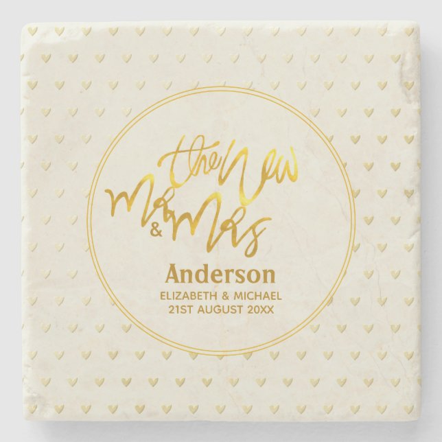 The New Mr and Mrs (name.date,) Gold Love Hearts Stone Coaster (Front)