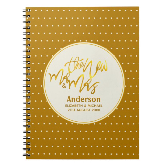 The New Mr and Mrs (name,date) Wedding Gold Decor Notebook (Front)