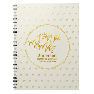 The New Mr and Mrs (name,date) Wedding Gold Hearts Notebook