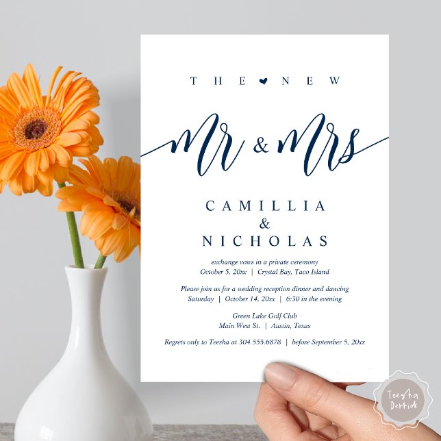 The New Mr and Mrs, Wedding Elopement Dinner Party Invitation (The New Mr and Mrs, Wedding Elopement Dinner Party Invitation Card, PDF, Navy Blue)