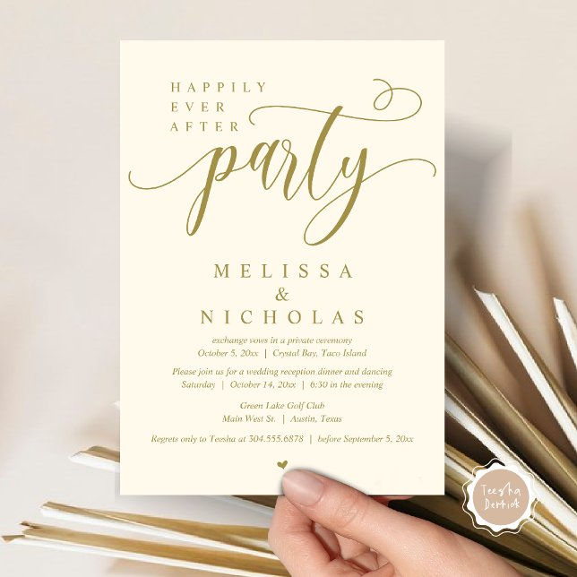 The New Mr and Mrs, Wedding Elopement Dinner Party Invitation (Happily ever after, Wedding Elopement Dinner Party Lunch Brunch Invitation Card, PDF, Yellow Gold)