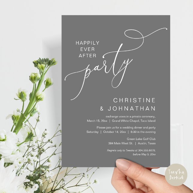 The New Mr and Mrs, Wedding Elopement Dinner Party Invitation (Happily ever after, Wedding Elopement Dinner Party Lunch Brunch Invitation Card, PDF, Dark Grey)