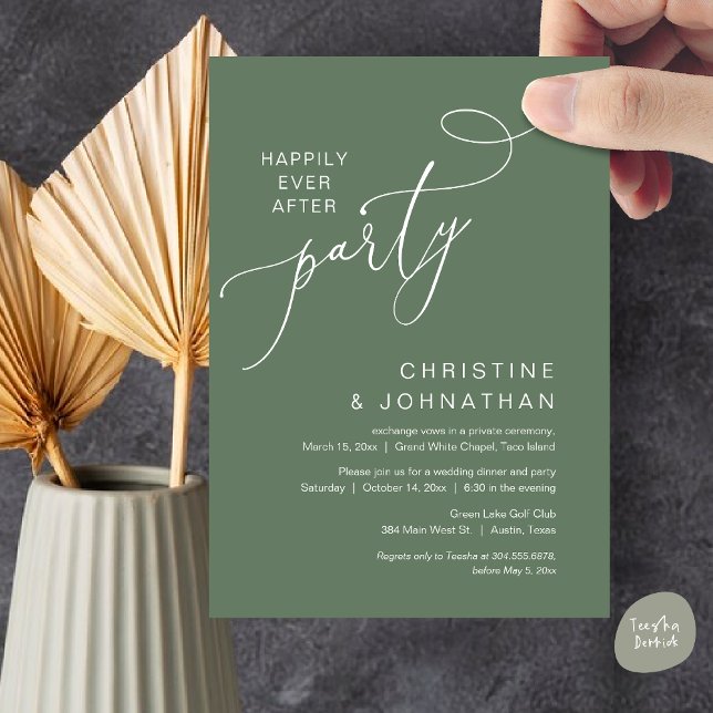 The New Mr and Mrs, Wedding Elopement Dinner Party Invitation (Happily ever after Wedding Elopement Dinner Party Brunch Invitation Card, PDF, Forest Sage Green)