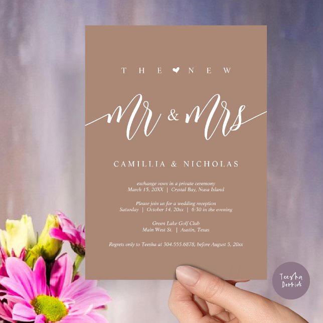 The New Mr and Mrs, Wedding Elopement Party Invitation (The New Mr and Mrs, Modern Wedding Elopement Party Invitation Card, PDF, in Neutral Warm Taupe)