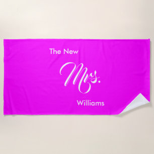 The New Mrs. Last Name Magenta and White Script Beach Towel