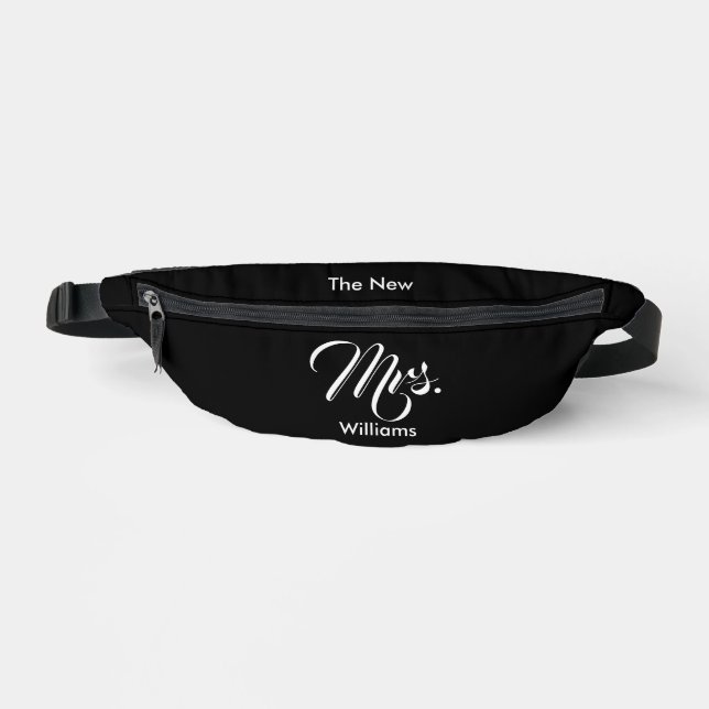 The New Mrs. Name Black and White Script Bum Bags (Front)