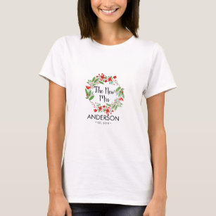 The new mrs name watercolor floral wedding year T-Shirt
