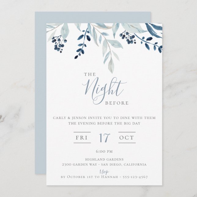 The Night Before Blue Floral Rehearsal Dinner Invitation (Front/Back)