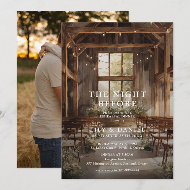 The Night Before Boho Barn Photo Rehearsal Dinner Invitation (Front/Back)