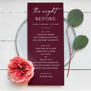 The night before. Burgundy simple rehearsal dinner Menu