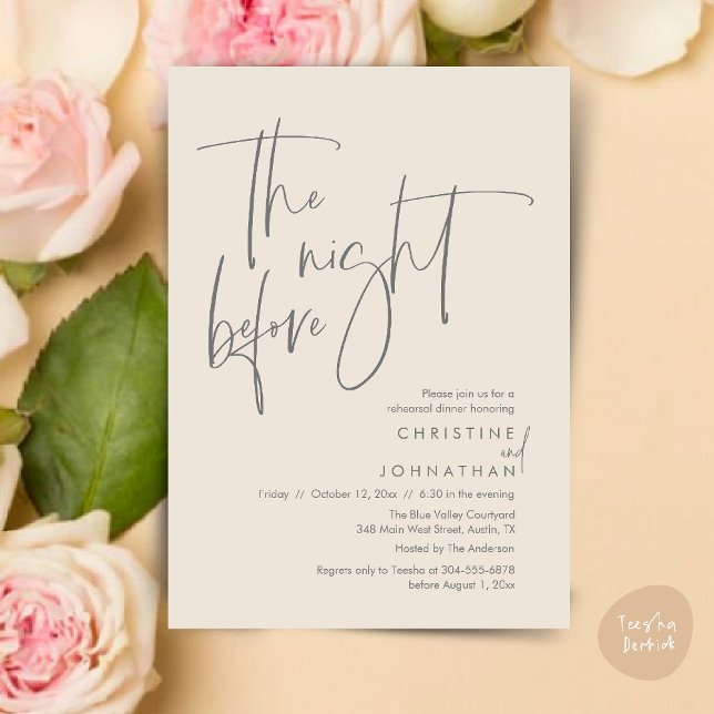 The night before, Casual Wedding Rehearsal Dinner Invitation (The night before, Casual Modern Wedding Rehearsal Dinner Invitation Card PDF Cream Grey)