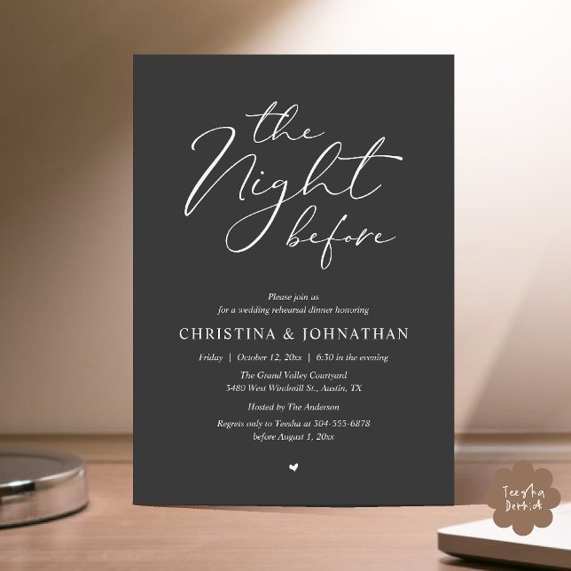 “The Night Before” Charcoal Grey Rehearsal Dinner Invitation (“The Night Before” Elegant Script Romantic Rehearsal Dinner Invitation Card Charcoal Elegance)