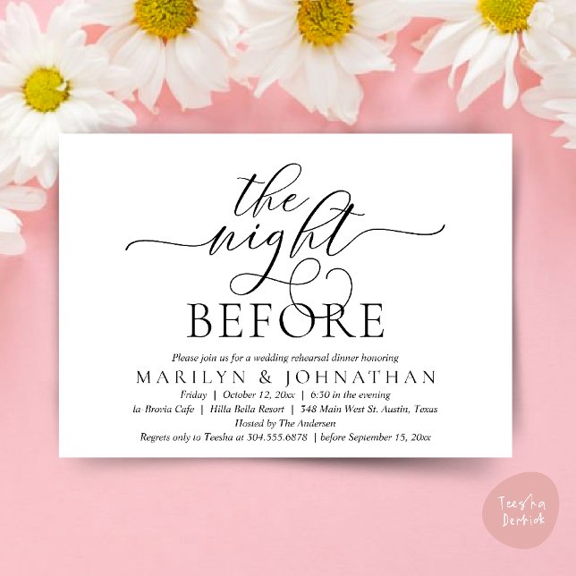 The Night Before, Classy Wedding Rehearsal Dinner Invitation (The Night Before, Classy Romantic Wedding Rehearsal Dinner Party Invitation Card PDF in Black White)