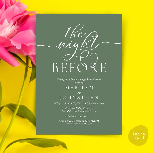 The Night Before, Classy Wedding Rehearsal Dinner Invitation (The Night Before, Classy Romantic Wedding Rehearsal Dinner Party Invitation Card PDF in Sage Green)