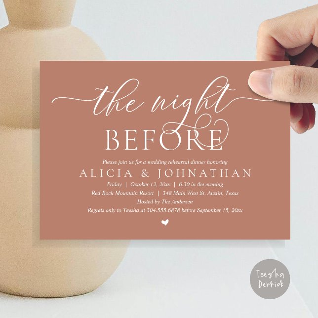 The Night Before, Classy Wedding Rehearsal Dinner Invitation (The Night Before, Classy Romantic Wedding Rehearsal Dinner Invitation Card, PDF, Terracotta Brown)