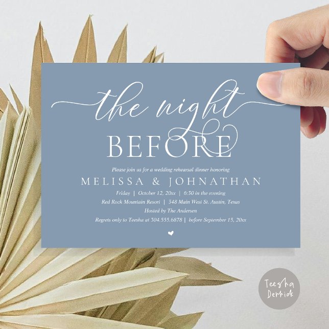 The Night Before, Classy Wedding Rehearsal Dinner Invitation (The Night Before, Modern Wedding Rehearsal Dinner Romance Invitation Card, PDF, Dusty Blue)