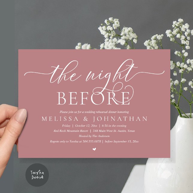 The Night Before, Classy Wedding Rehearsal Dinner Invitation (The Night Before, Modern Wedding Rehearsal Dinner Romance Invitation Card, PDF, Dusty Rose Pink)