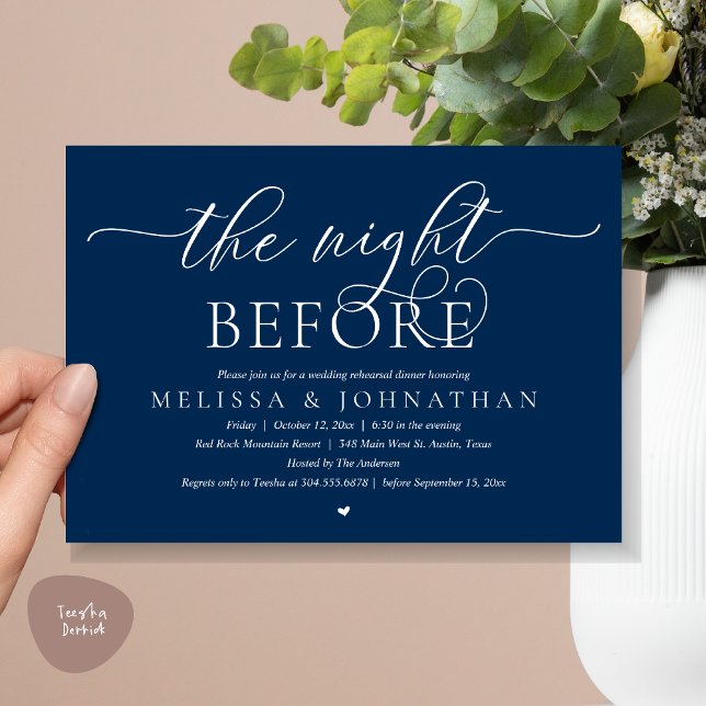 The Night Before, Classy Wedding Rehearsal Dinner Invitation (The Night Before, Modern Wedding Rehearsal Dinner Romance Invitation Card, PDF, Blue Navy)