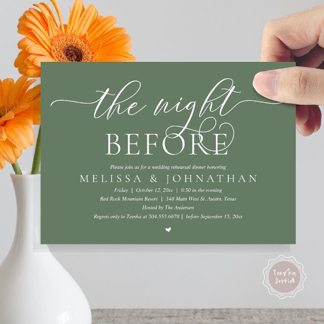 The Night Before, Classy Wedding Rehearsal Dinner Invitation (The Night Before, Modern Wedding Rehearsal Dinner Romance Invitation Card, PDF, Forest Sage Green)