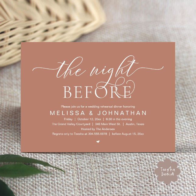 The Night Before, Classy Wedding Rehearsal Dinner Invitation (The Night Before, Classy Modern Wedding Rehearsal Dinner Invitation Card PDF Rustic Earthy Brown)