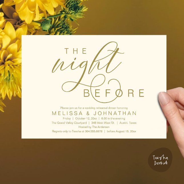 The Night Before, Classy Wedding Rehearsal Dinner Invitation (The Night Before, Classy Romantic Wedding Rehearsal Dinner Invitation Card PDF Modern Yellow Gold)